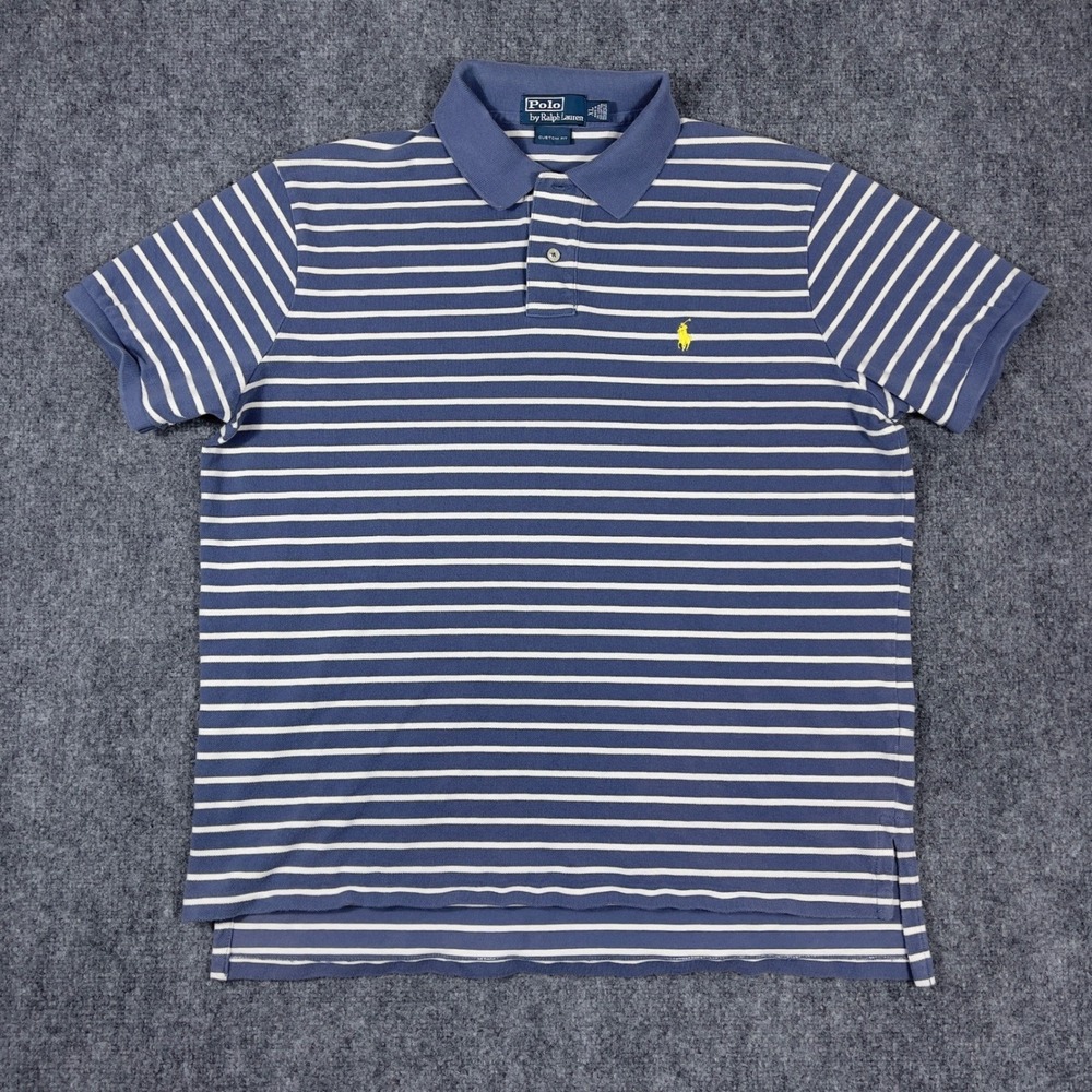 Polo‎ Ralph Lauren Polo Shirt Mens XL Blue White Striped Custom Fit Short Sleeve